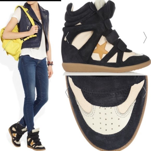 Isabel Marant Shoes - ISABEL MARANT Bayley Sneakers Suede Leather Wedge Navy Cream Hidden Heel Size 8